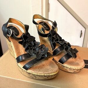 b.o.c. Black Leather Cork Wedge Heeled Sandals